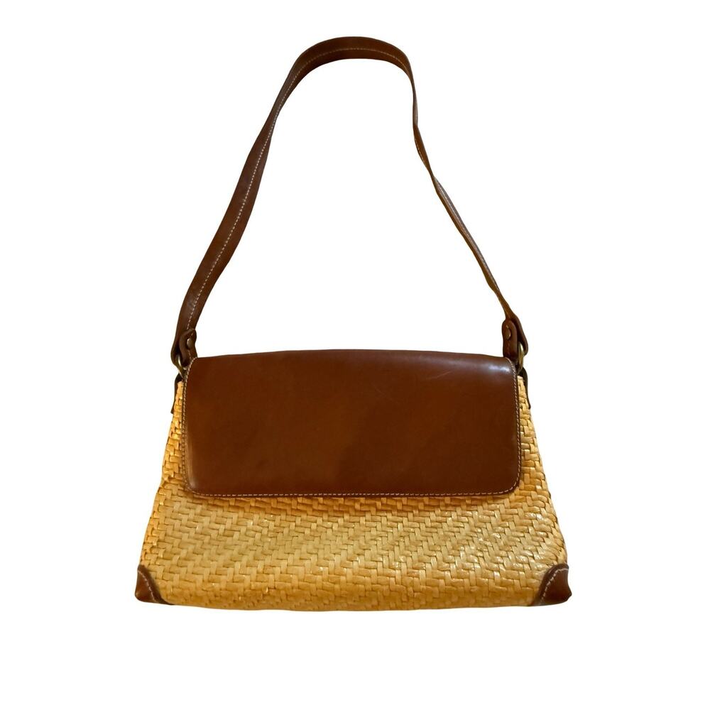Vintage Fossil Purse Straw Woven Raffia Shoulder Bag Brown Leather Trim Y2K Boho